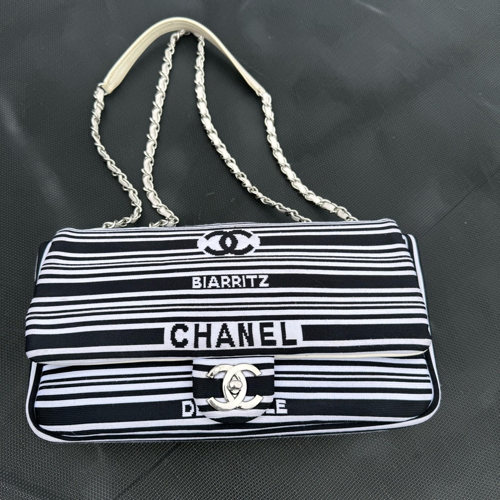 Venise Biarritz Flap Bag Striped Canvas Medium